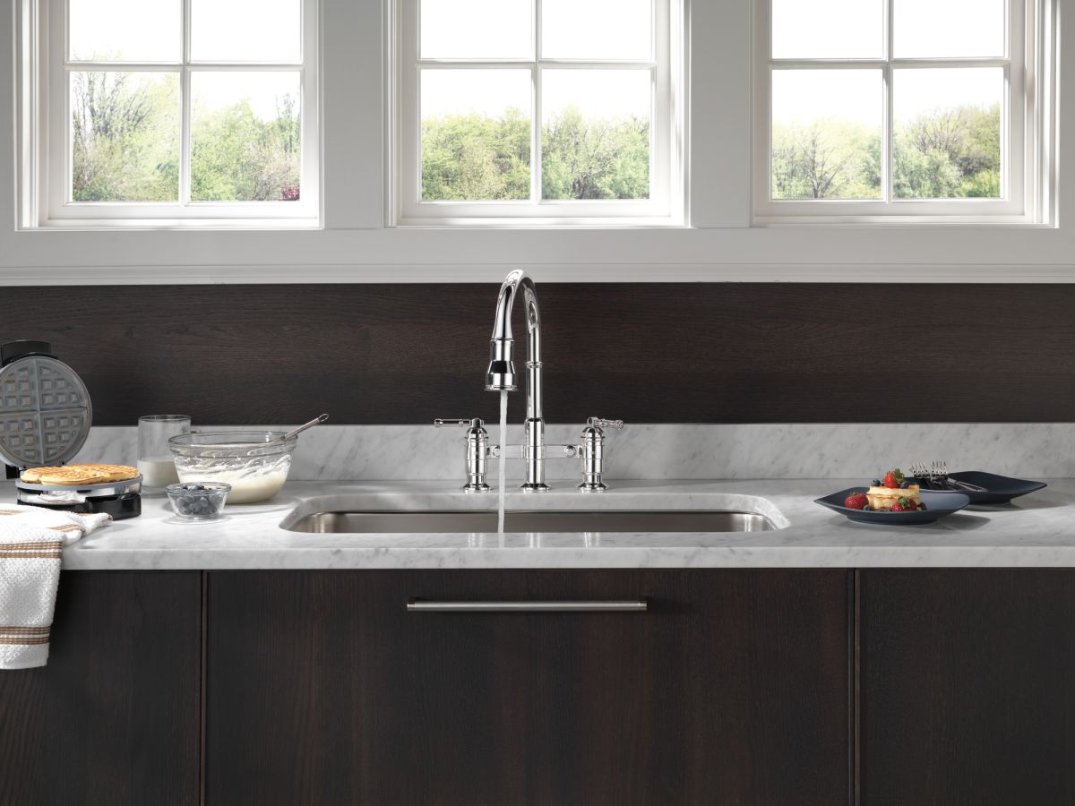 DELTA Broderick Two Handle Pull-Down Bridge Kitchen Faucet — Chrome