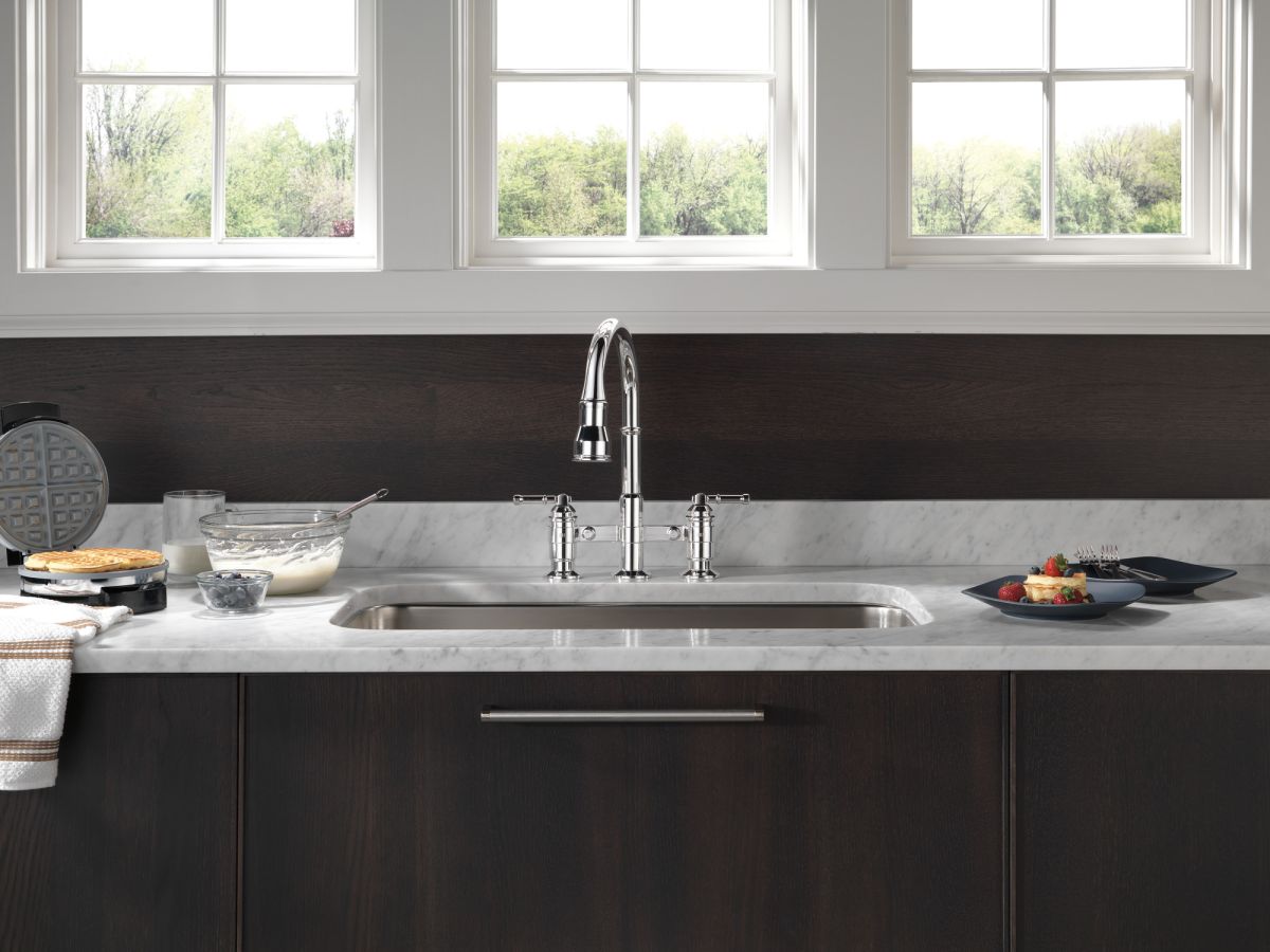 DELTA Broderick Two Handle Pull-Down Bridge Kitchen Faucet — Chrome