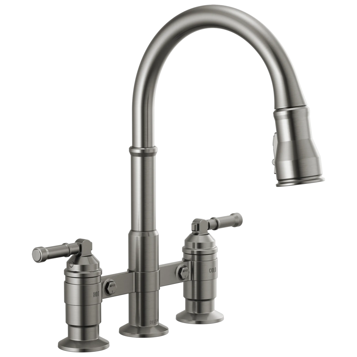 DELTA Broderick Two Handle Pull-Down Bridge Kitchen Faucet — Black Stainless