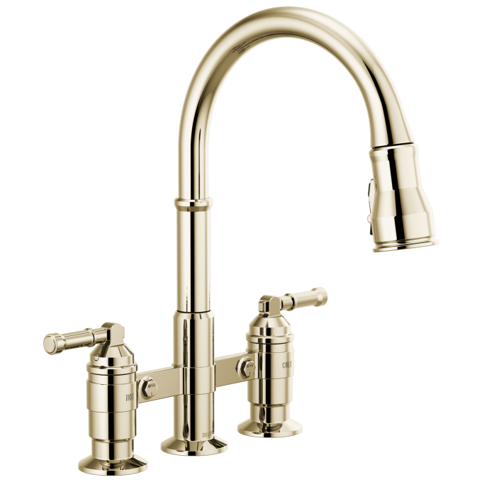 DELTA Broderick Two Handle Pull-Down Bridge Kitchen Faucet — Polished Nickel