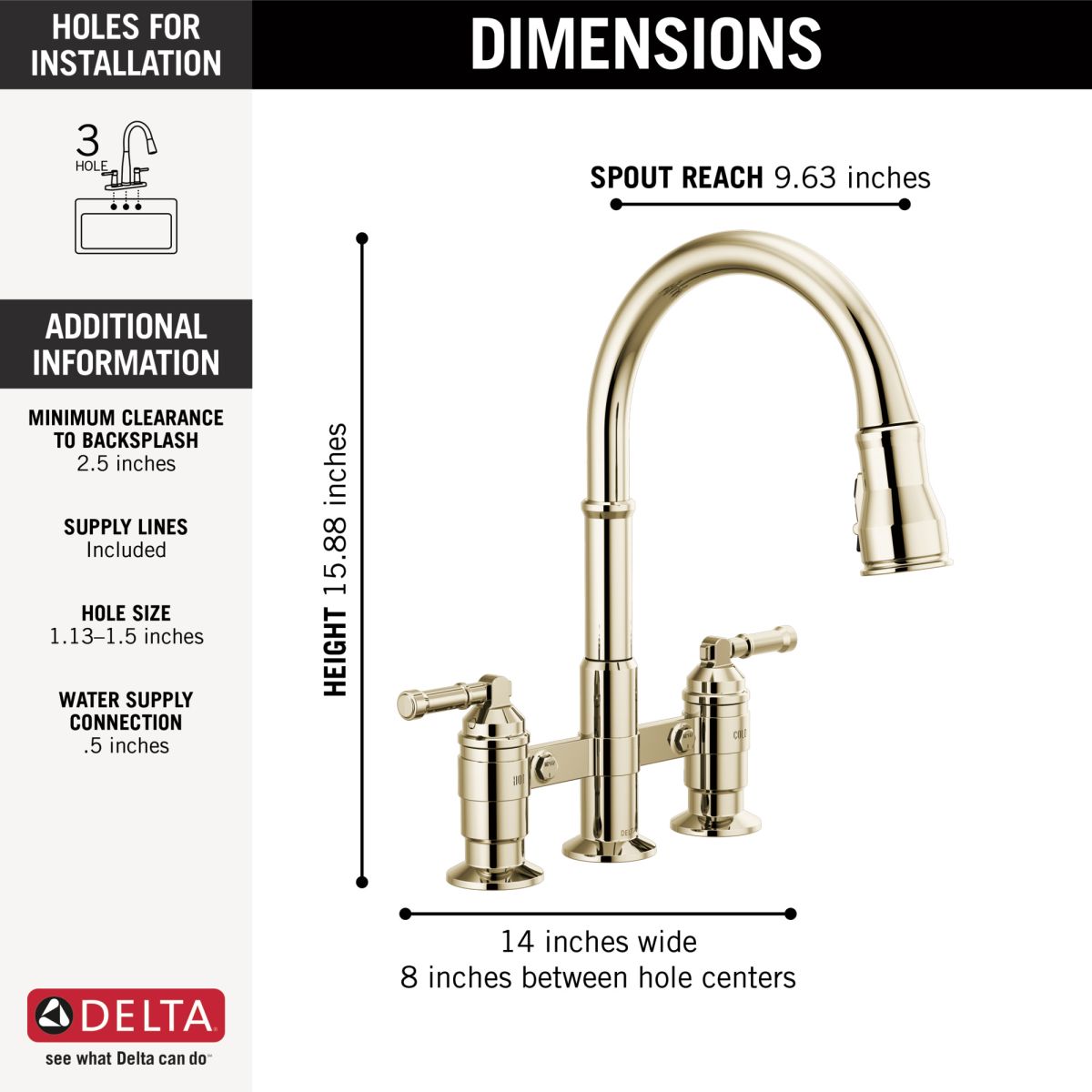 DELTA Broderick Two Handle Pull-Down Bridge Kitchen Faucet — Polished Nickel