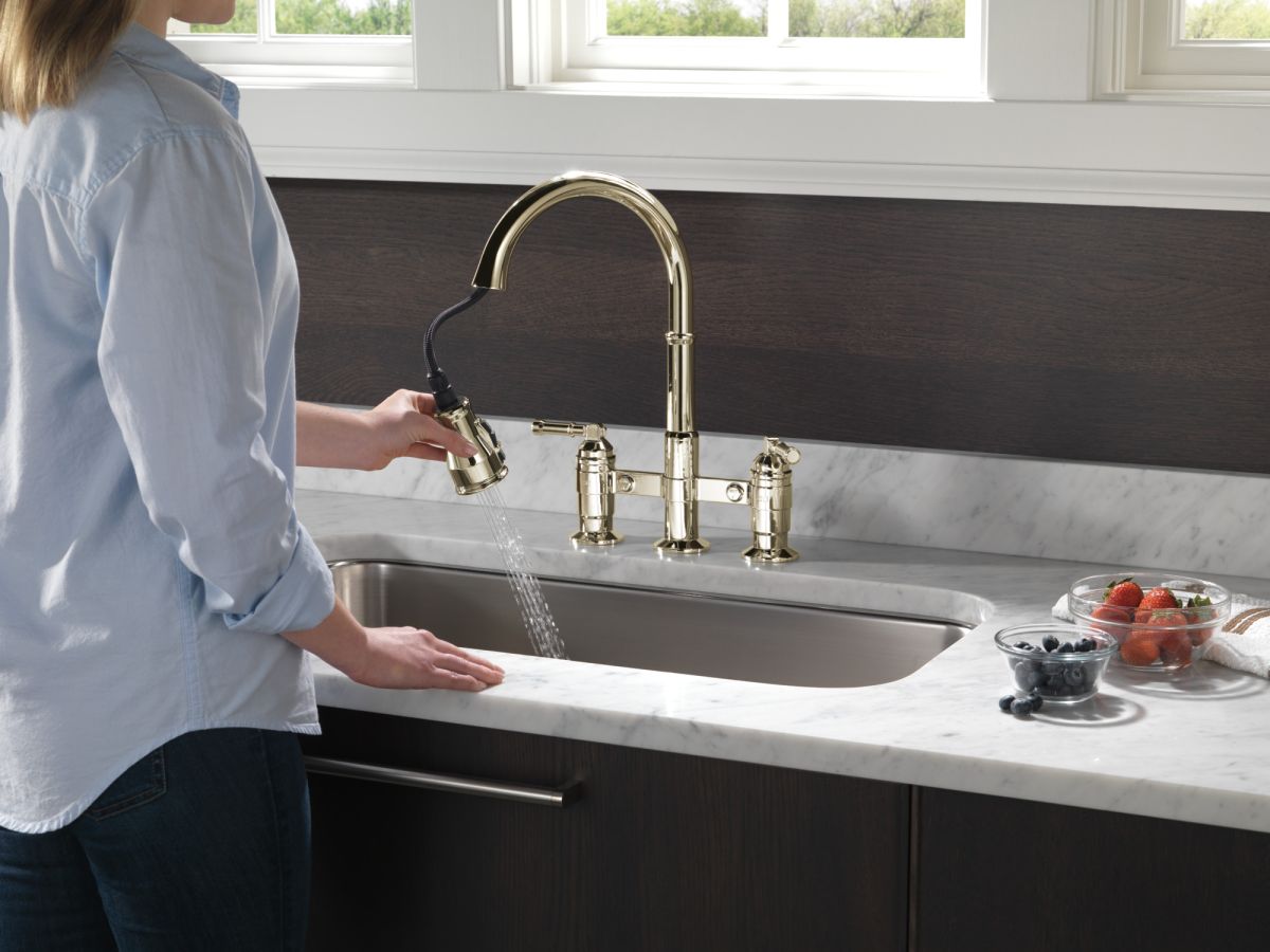DELTA Broderick Two Handle Pull-Down Bridge Kitchen Faucet — Polished Nickel