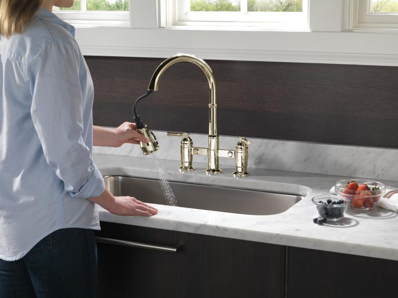 DELTA Broderick Two Handle Pull-Down Bridge Kitchen Faucet — Polished Nickel
