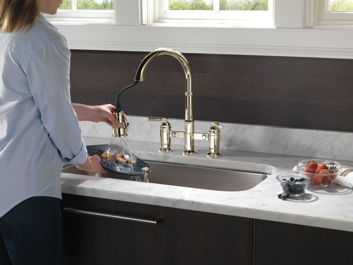 DELTA Broderick Two Handle Pull-Down Bridge Kitchen Faucet — Polished Nickel