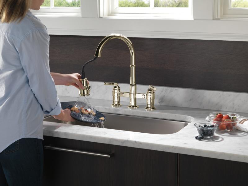 DELTA Broderick Two Handle Pull-Down Bridge Kitchen Faucet — Polished Nickel