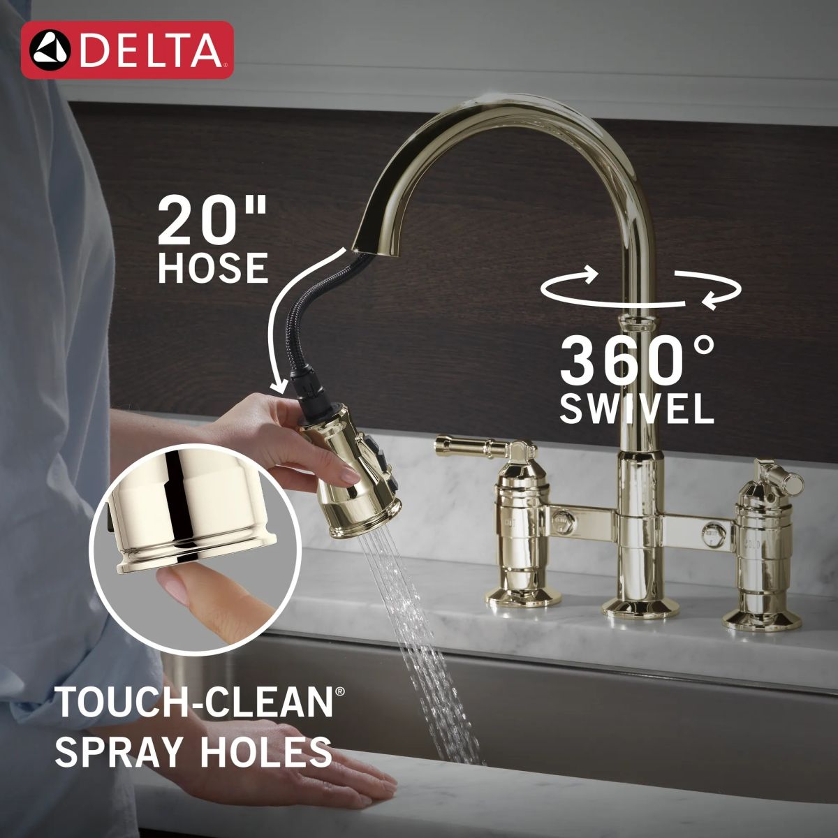 DELTA Broderick Two Handle Pull-Down Bridge Kitchen Faucet — Polished Nickel