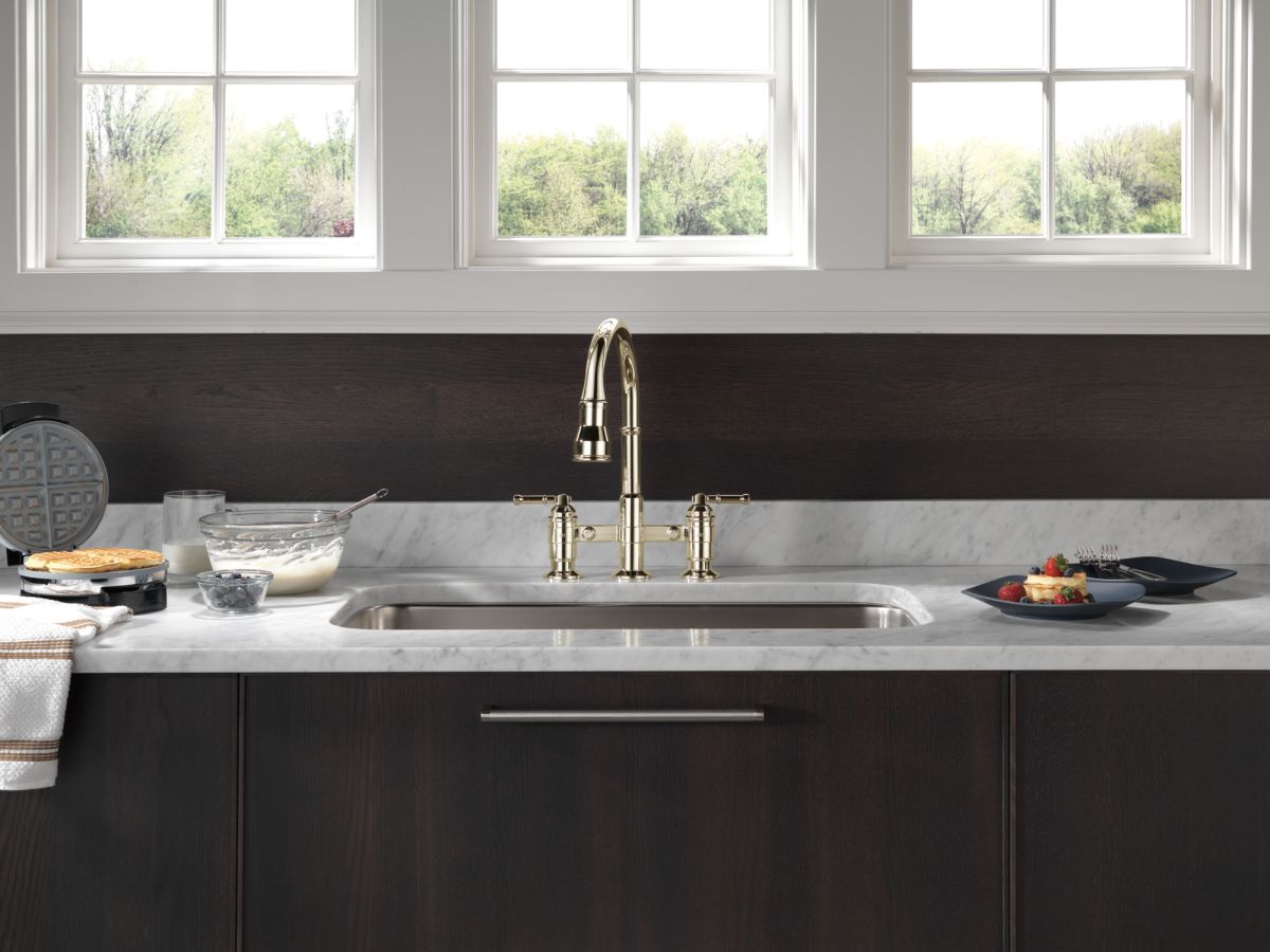 DELTA Broderick Two Handle Pull-Down Bridge Kitchen Faucet — Polished Nickel