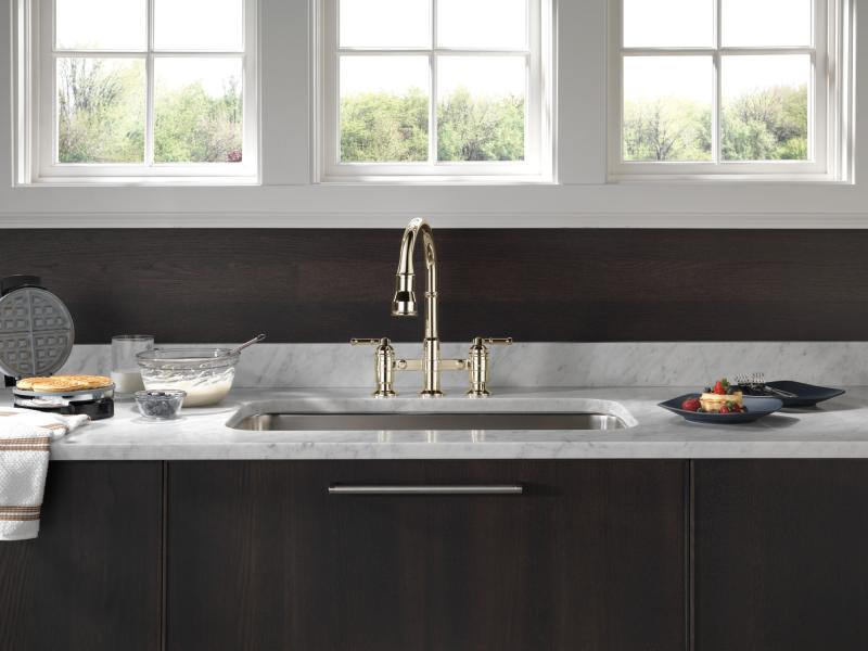 DELTA Broderick Two Handle Pull-Down Bridge Kitchen Faucet — Polished Nickel