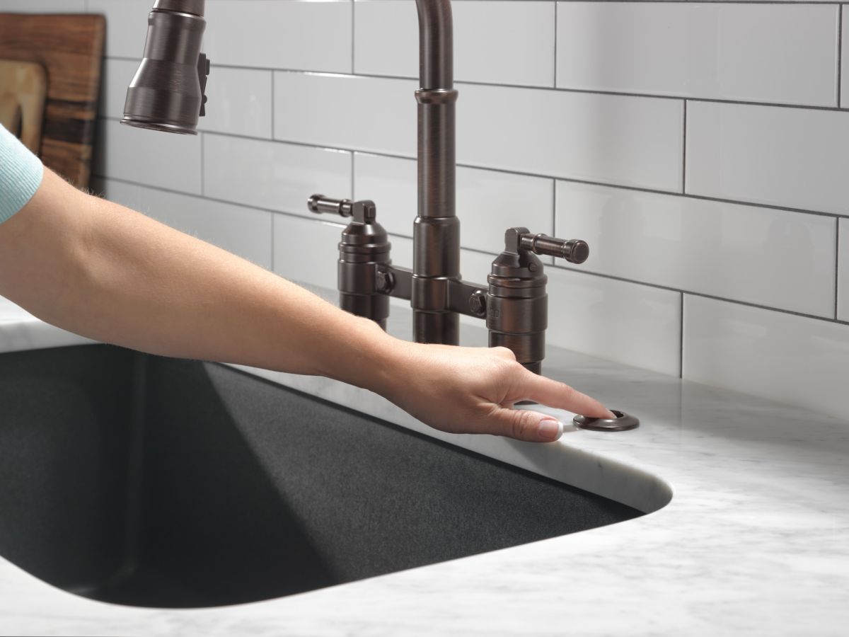 DELTA Broderick Two Handle Pull-Down Bridge Kitchen Faucet — Venetian Bronze