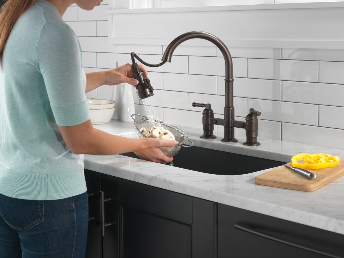 DELTA Broderick Two Handle Pull-Down Bridge Kitchen Faucet — Venetian Bronze
