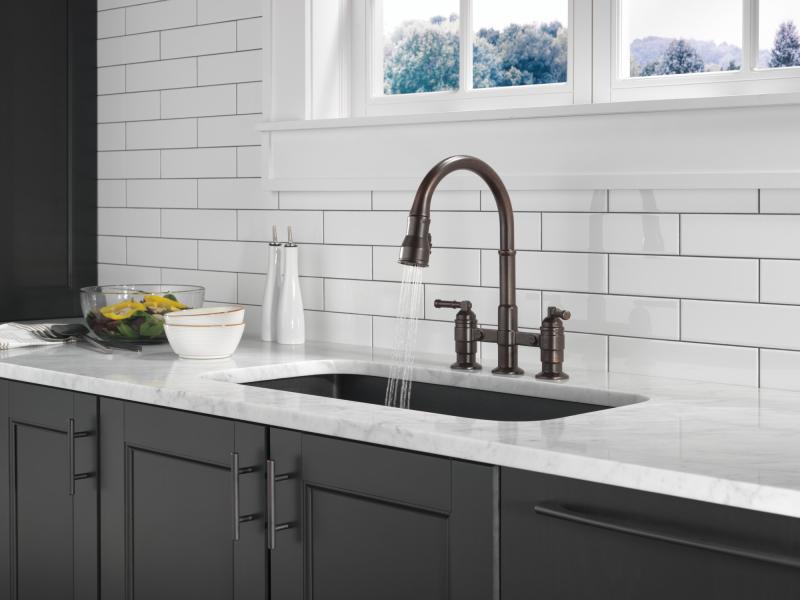 DELTA Broderick Two Handle Pull-Down Bridge Kitchen Faucet — Venetian Bronze