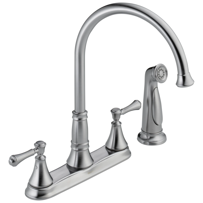 DELTA Cassidy Two Handle Kitchen Faucet with Spray — Arctic Stainless