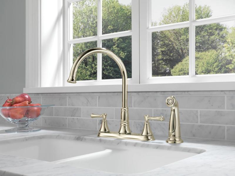 DELTA Cassidy Two Handle Kitchen Faucet with Spray — Polished Nickel