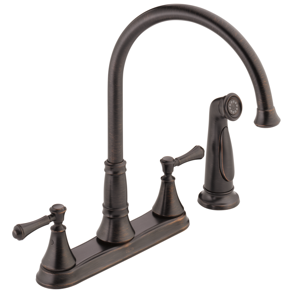 DELTA Cassidy Two Handle Kitchen Faucet with Spray — Venetian Bronze