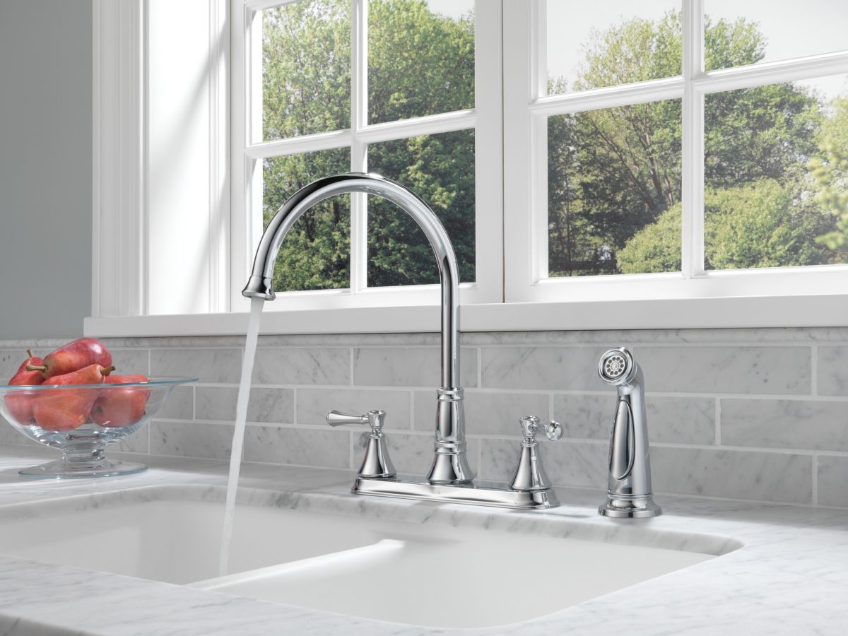 DELTA Cassidy Two Handle Kitchen Faucet with Spray — Chrome