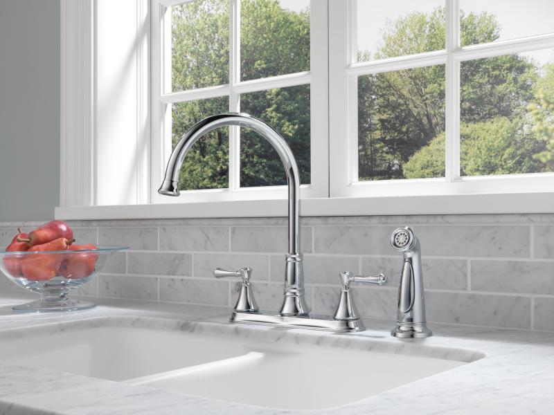 DELTA Cassidy Two Handle Kitchen Faucet with Spray — Chrome