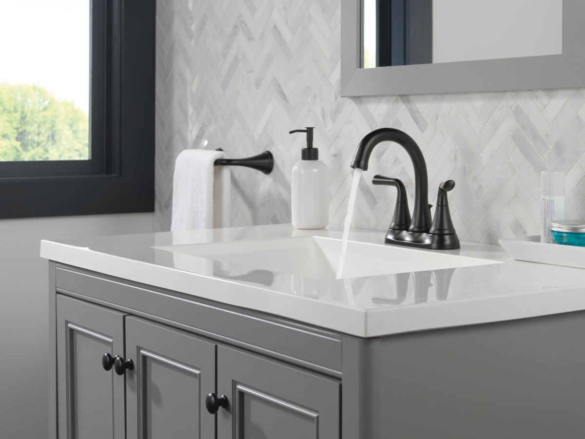 DELTA Kayra Two Handle Tract-Pack Centerset Bathroom Faucet — Matte Black