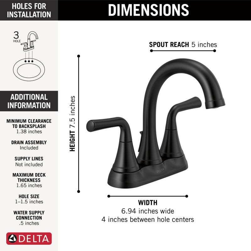 DELTA Kayra Two Handle Tract-Pack Centerset Bathroom Faucet — Matte Black