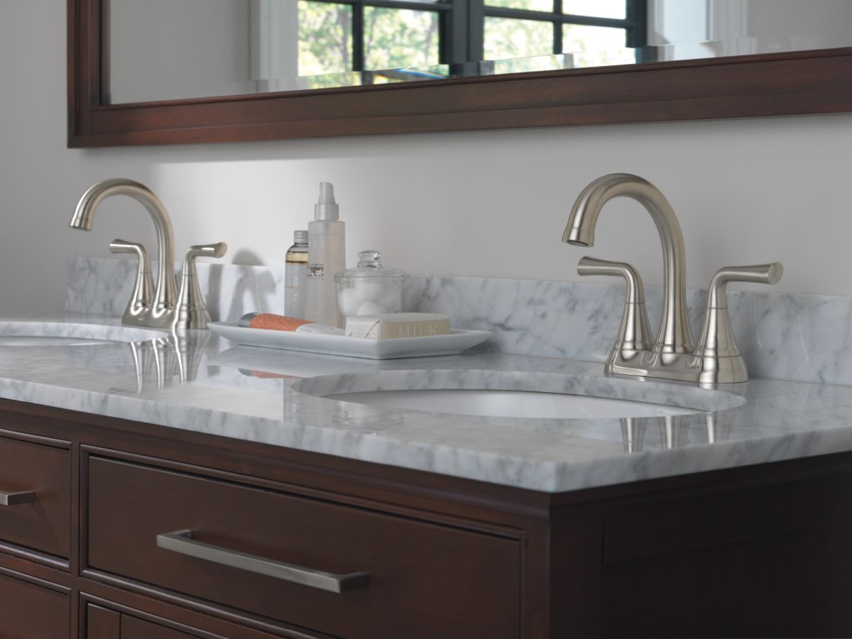 DELTA Kayra Two Handle Tract-Pack Centerset Bathroom Faucet — Stainless