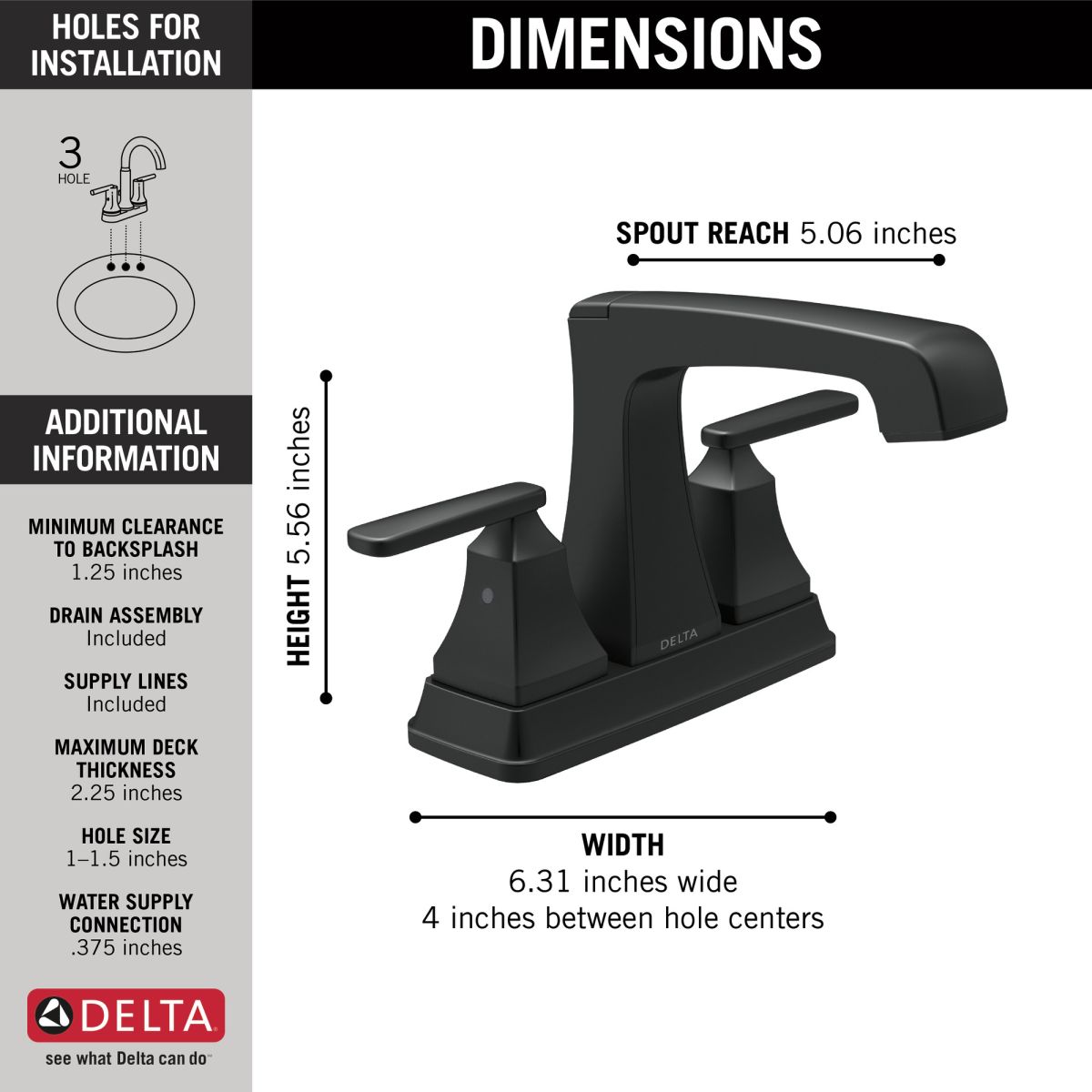 DELTA Ashlyn Two Handle Centerset Lavatory Faucet - Metal Pop-Up — Matte Black