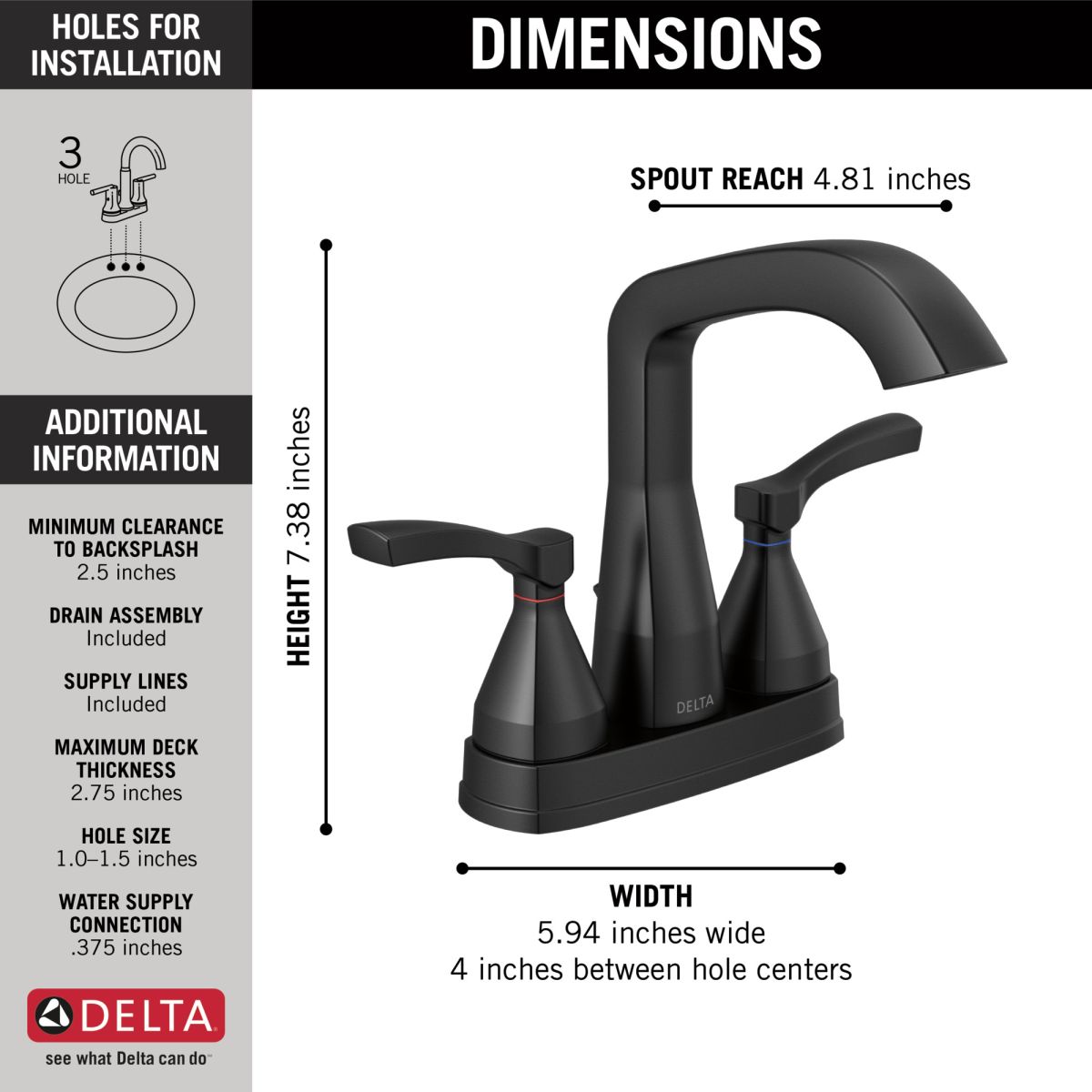DELTA Stryke Centerset Faucet — Matte Black