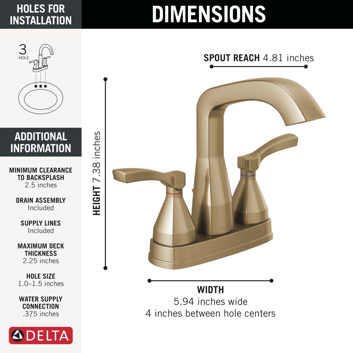 DELTA Stryke Two Handle Centerset Bathroom Faucet — Lumicoat® Champagne Bronze