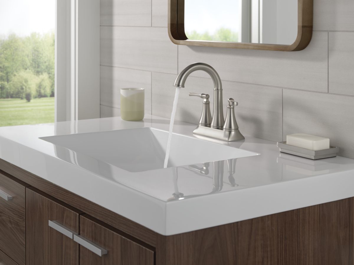 DELTA Archdale Two Handle Centerset Bathroom Faucet — Spotshield Brushed Nickel