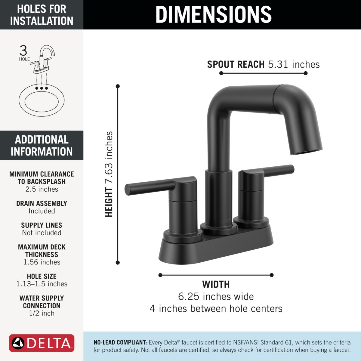 DELTA Nicoli Two Handle Centerset Pull-Down Bathroom Faucet — Matte Black