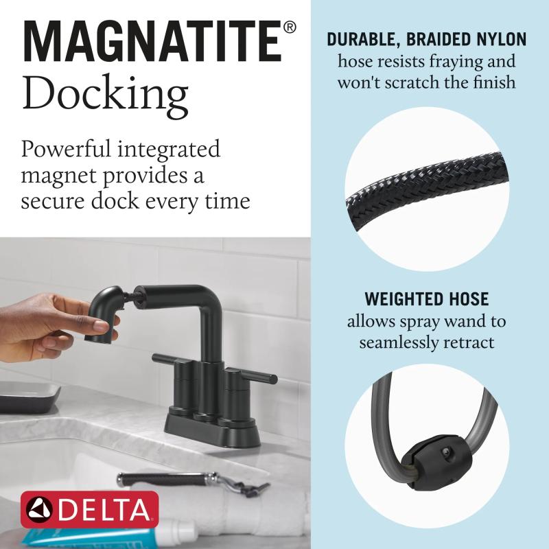 DELTA Nicoli Two Handle Centerset Pull-Down Bathroom Faucet — Matte Black