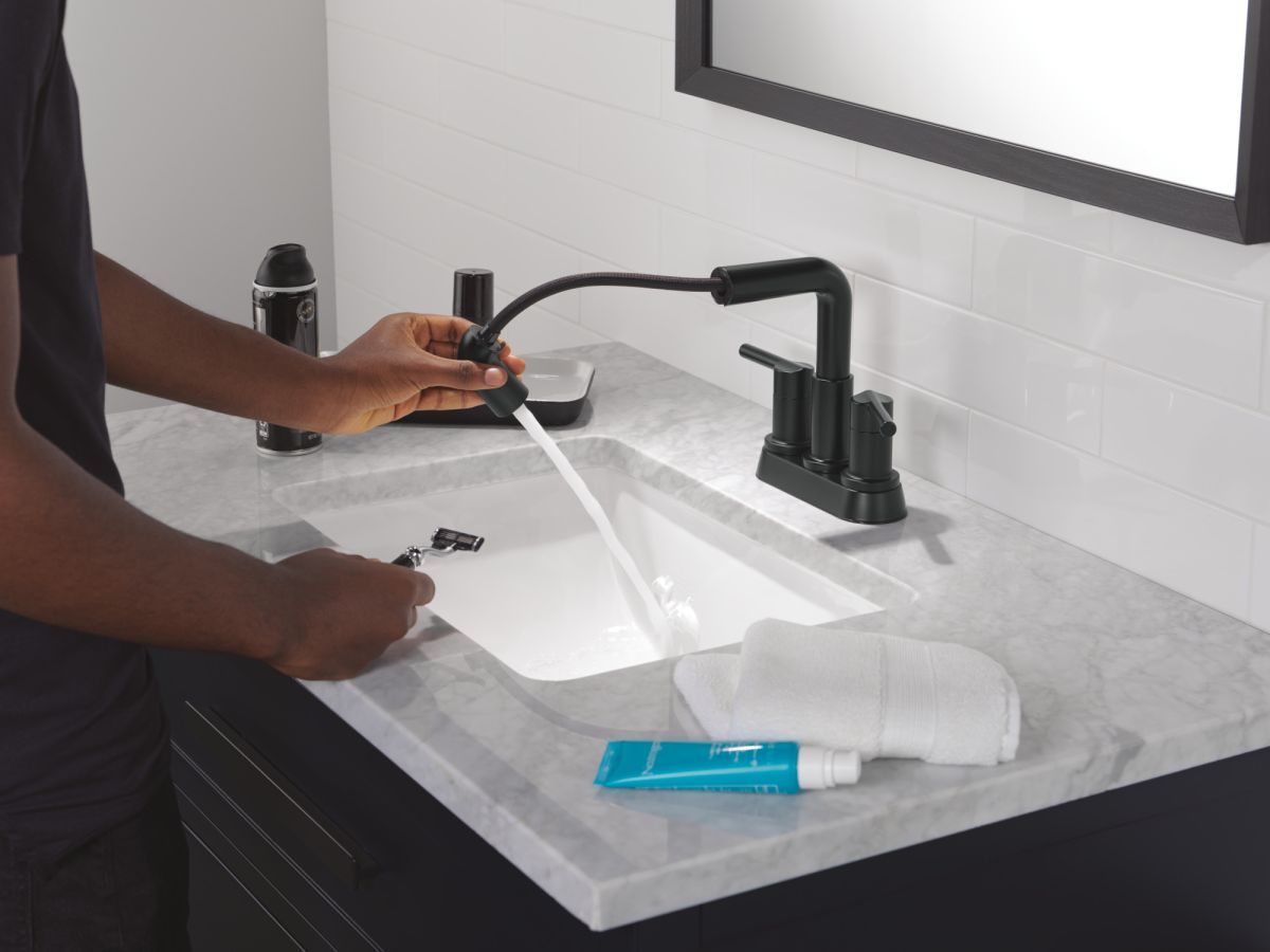 DELTA Nicoli Two Handle Centerset Pull-Down Bathroom Faucet — Matte Black