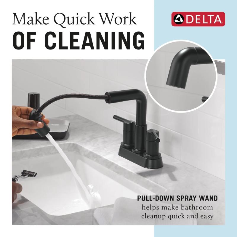 DELTA Nicoli Two Handle Centerset Pull-Down Bathroom Faucet — Matte Black