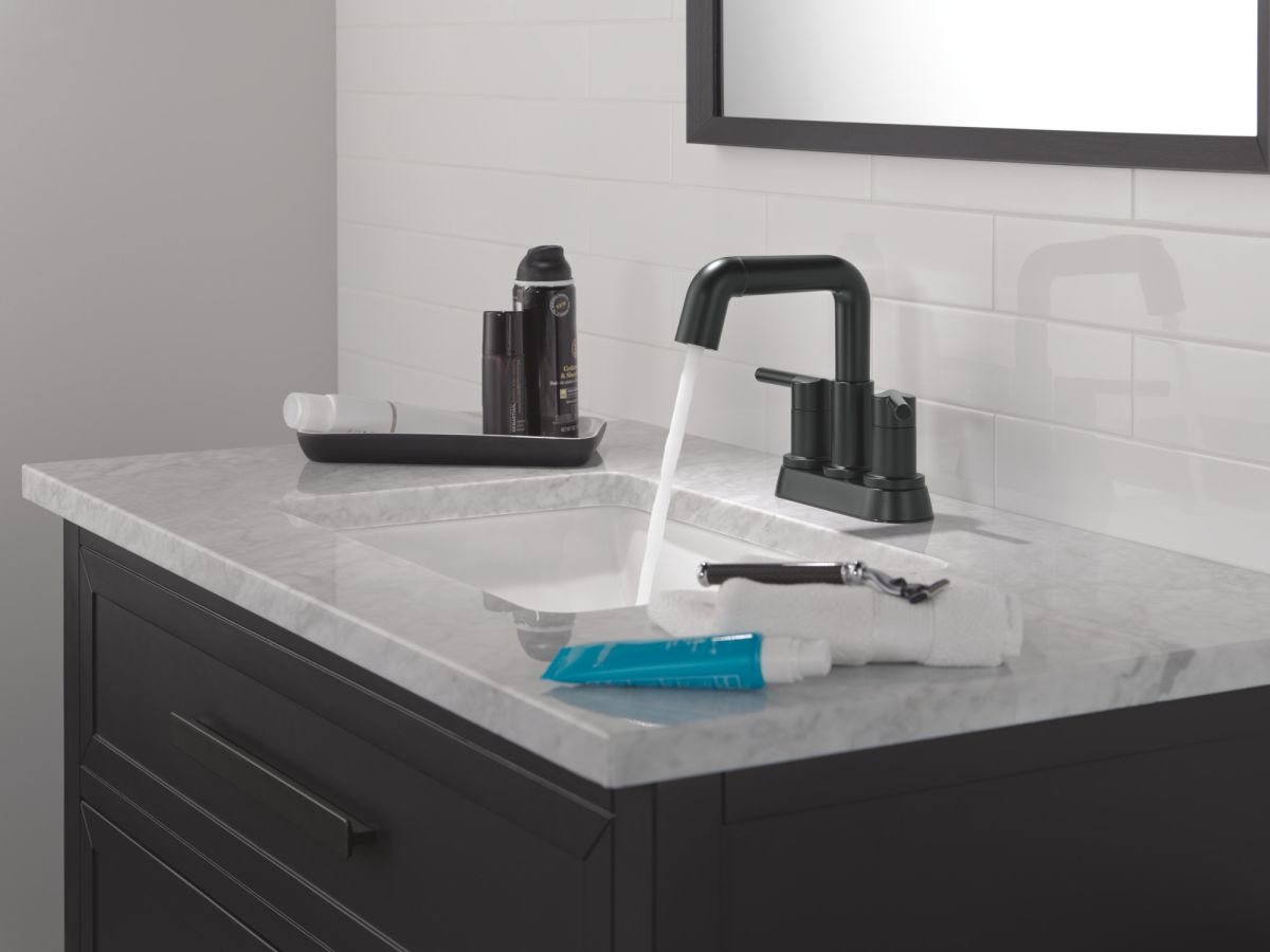 DELTA Nicoli Two Handle Centerset Pull-Down Bathroom Faucet — Matte Black