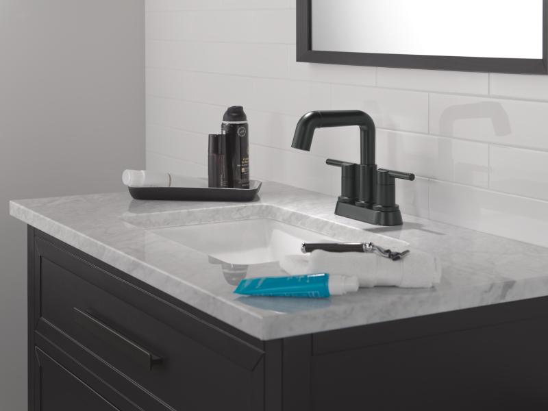DELTA Nicoli Two Handle Centerset Pull-Down Bathroom Faucet — Matte Black