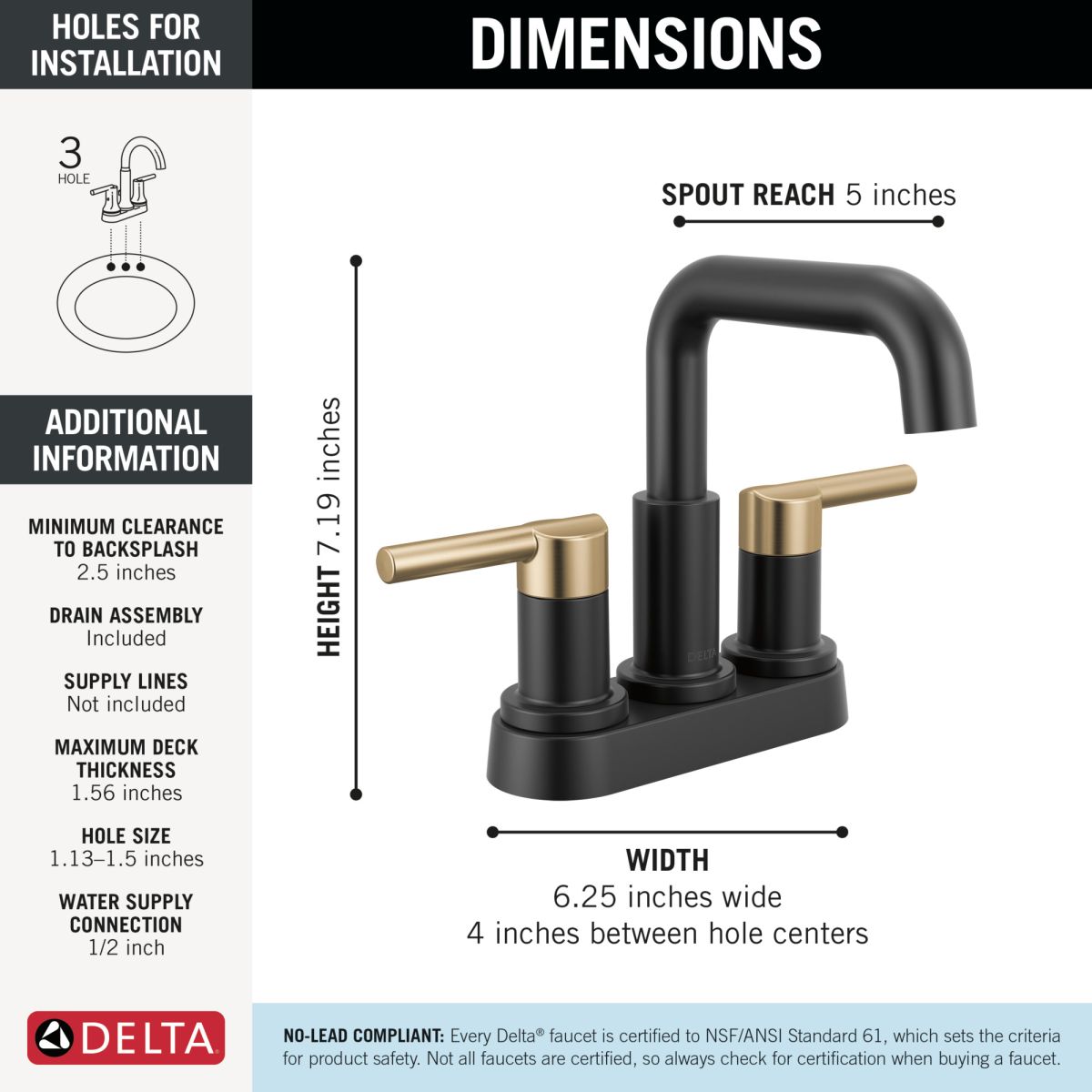 DELTA Nicoli Two Handle Centerset Bathroom Faucet — Matte Black / Champagne Bronze