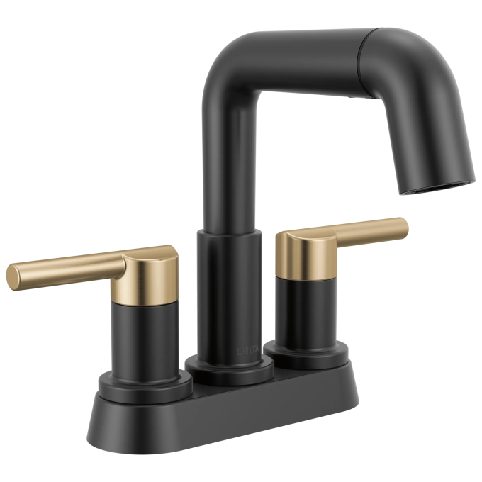 DELTA Nicoli Two Handle Centerset Pull-Down Bathroom Faucet — Matte Black / Champagne Bronze
