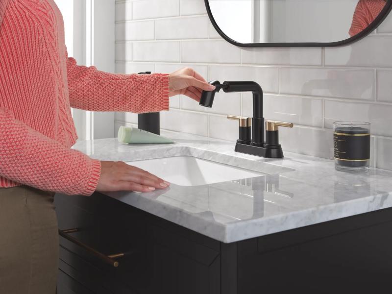 DELTA Nicoli Two Handle Centerset Pull-Down Bathroom Faucet — Matte Black / Champagne Bronze