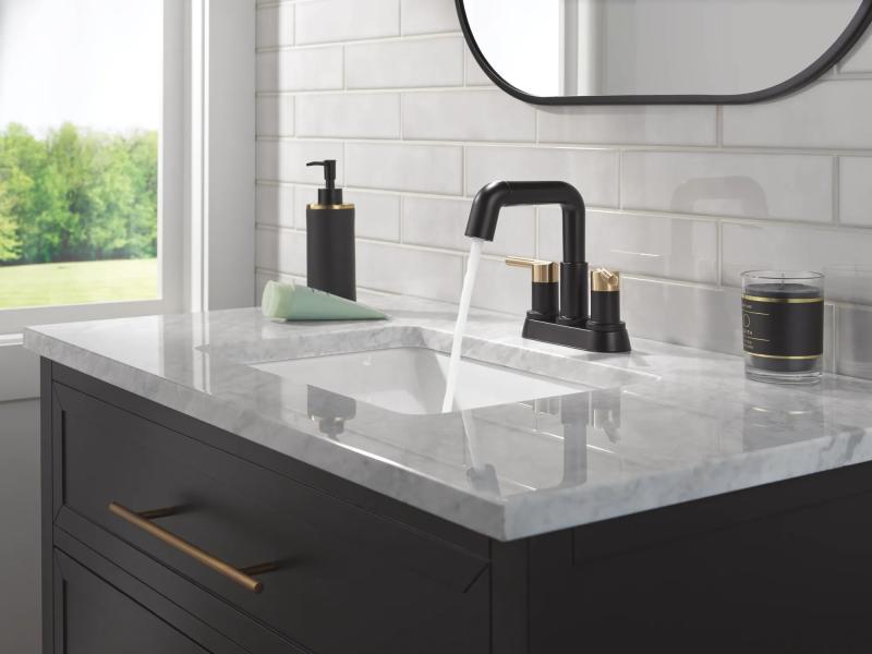 DELTA Nicoli Two Handle Centerset Pull-Down Bathroom Faucet — Matte Black / Champagne Bronze