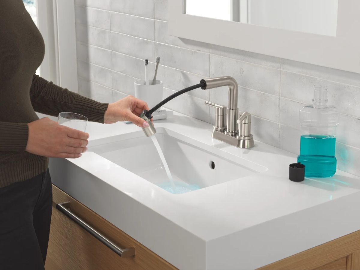 DELTA Nicoli Two Handle Centerset Pull-Down Bathroom Faucet — Stainless