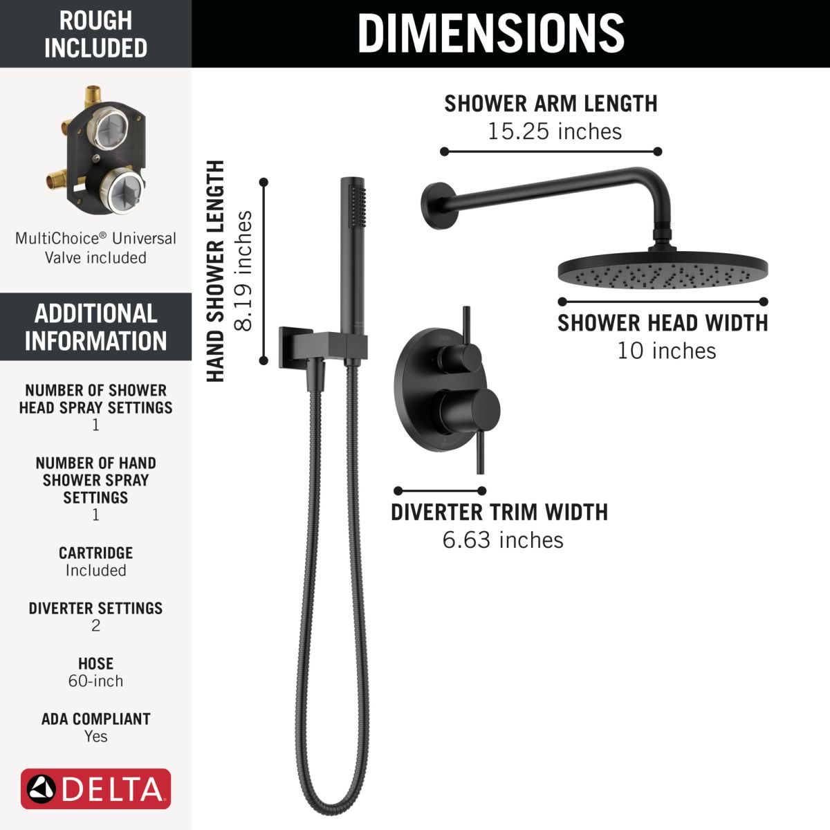 DELTA Modern Monitor 14 Series Shower with Raincan, Hand Shower & Rough Valve — Matte Black