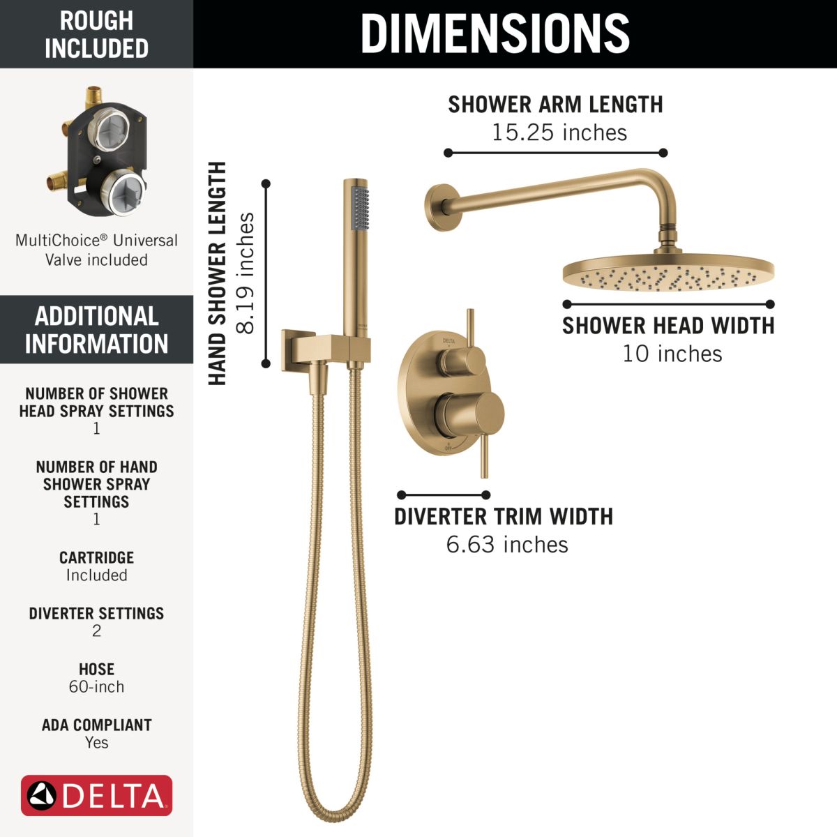 DELTA Modern Monitor 14 Series Shower with Raincan, Hand Shower & Rough Valve — Champagne Bronze