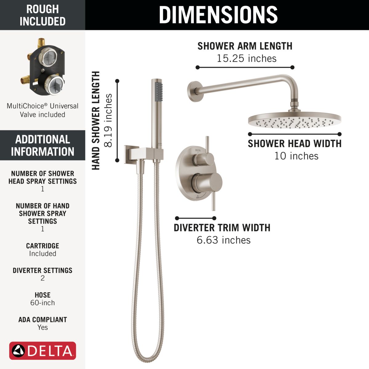 DELTA Modern Monitor 14 Series Shower with Raincan, Hand Shower & Rough Valve — Spotshield Brushed Nickel