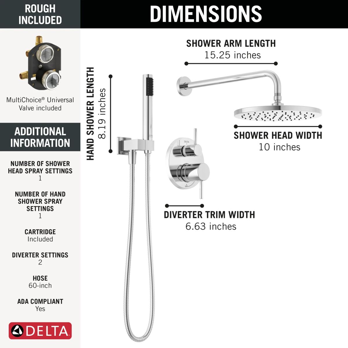 DELTA Modern Monitor 14 Series Shower with Raincan, Hand Shower & Rough Valve — Chrome