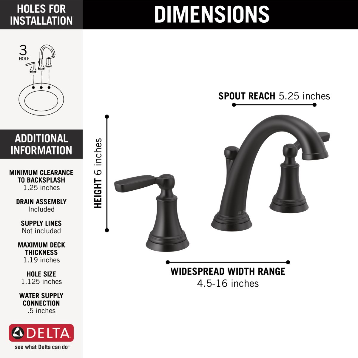 DELTA Woodhurst Two Handle Widespread Bathroom Faucet — Matte Black