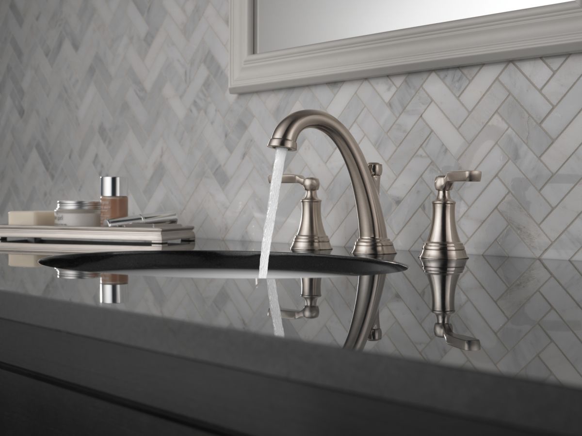 DELTA Woodhurst Two Handle Widespread Bathroom Faucet — Stainless