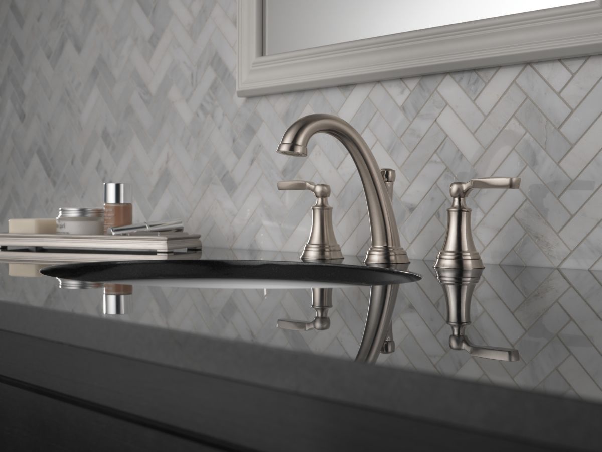DELTA Woodhurst Two Handle Widespread Bathroom Faucet — Stainless