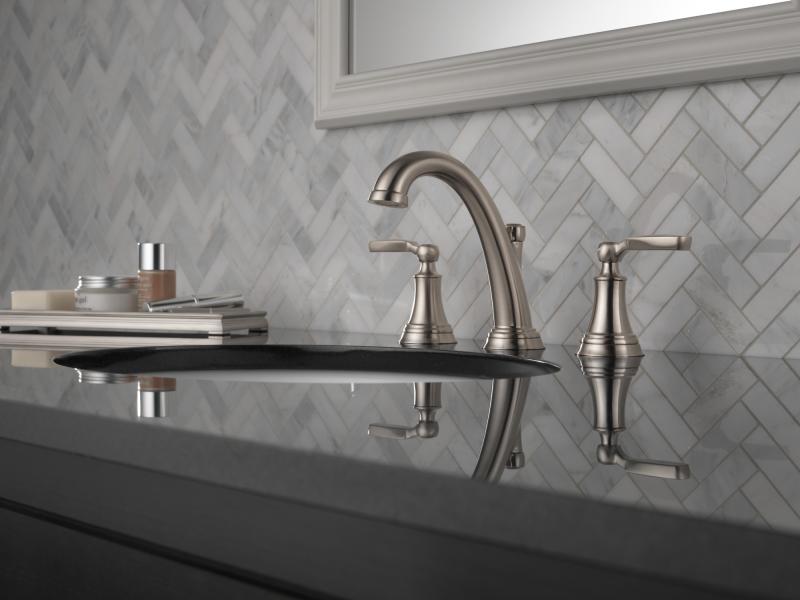 DELTA Woodhurst Two Handle Widespread Bathroom Faucet — Stainless