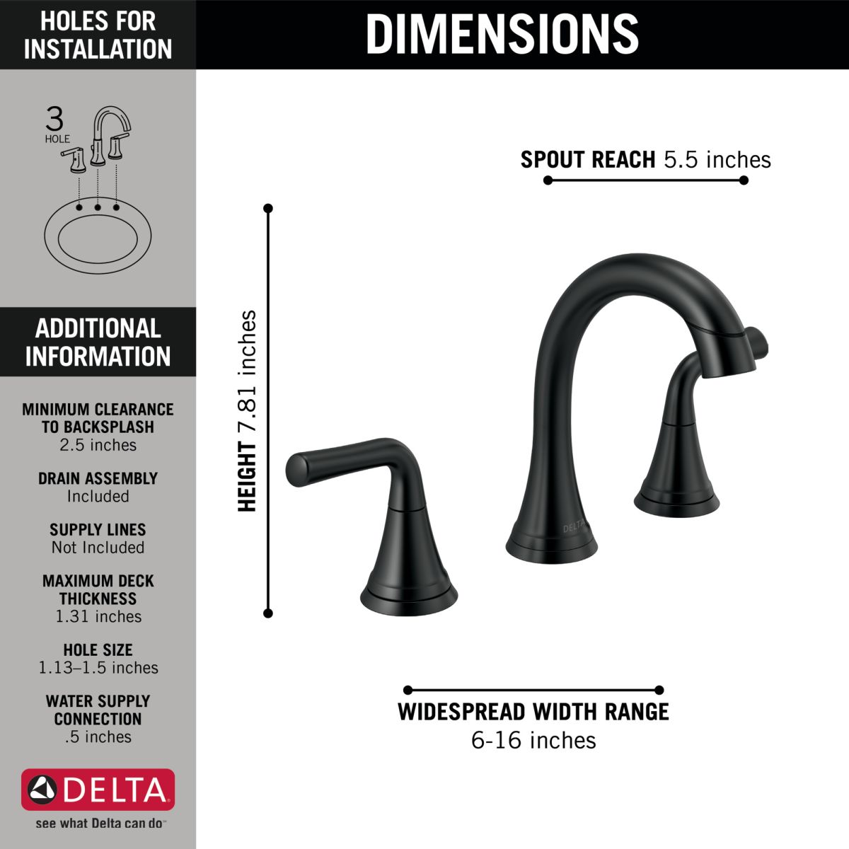 DELTA Kayra Two Handle Widespread Pull-Down Bathroom Faucet — Matte Black