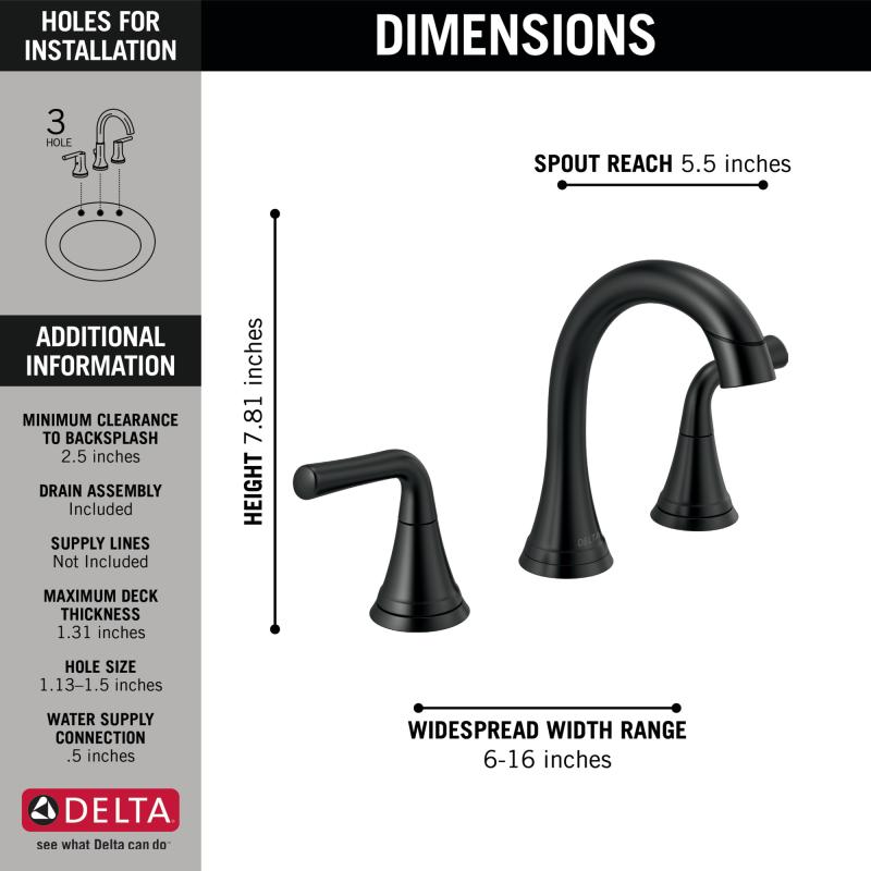 DELTA Kayra Two Handle Widespread Pull-Down Bathroom Faucet — Matte Black