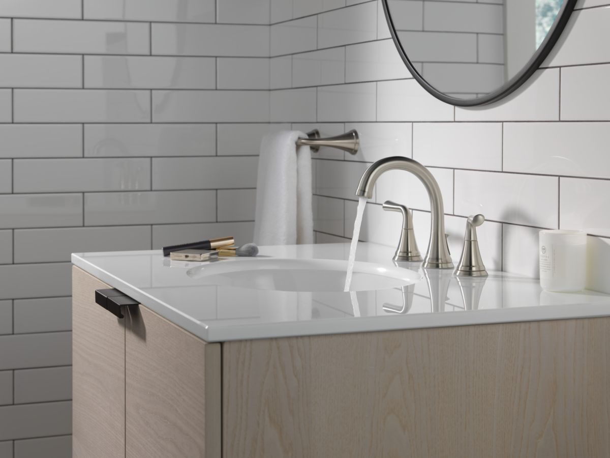 DELTA Kayra Two Handle Widespread Bathroom Faucet — Stainless