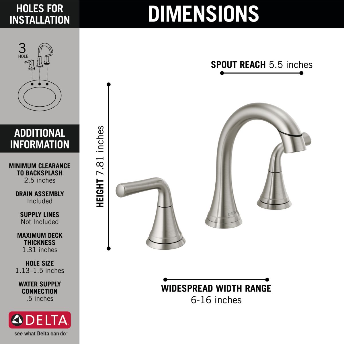 DELTA Kayra Two Handle Widespread Pull-Down Bathroom Faucet — Stainless